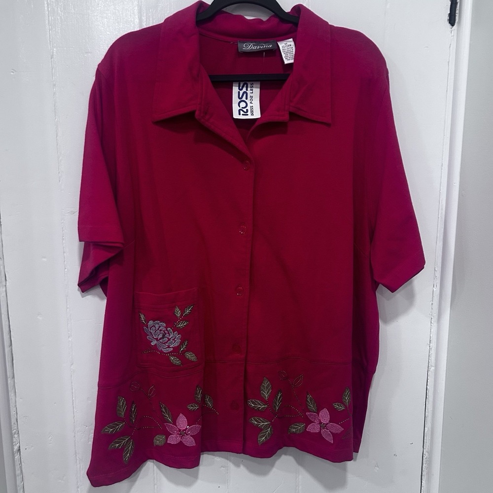 New Retro Pink Short Sleeve Blouse Embroidery Bottom + Pocket Cotton XXL India
